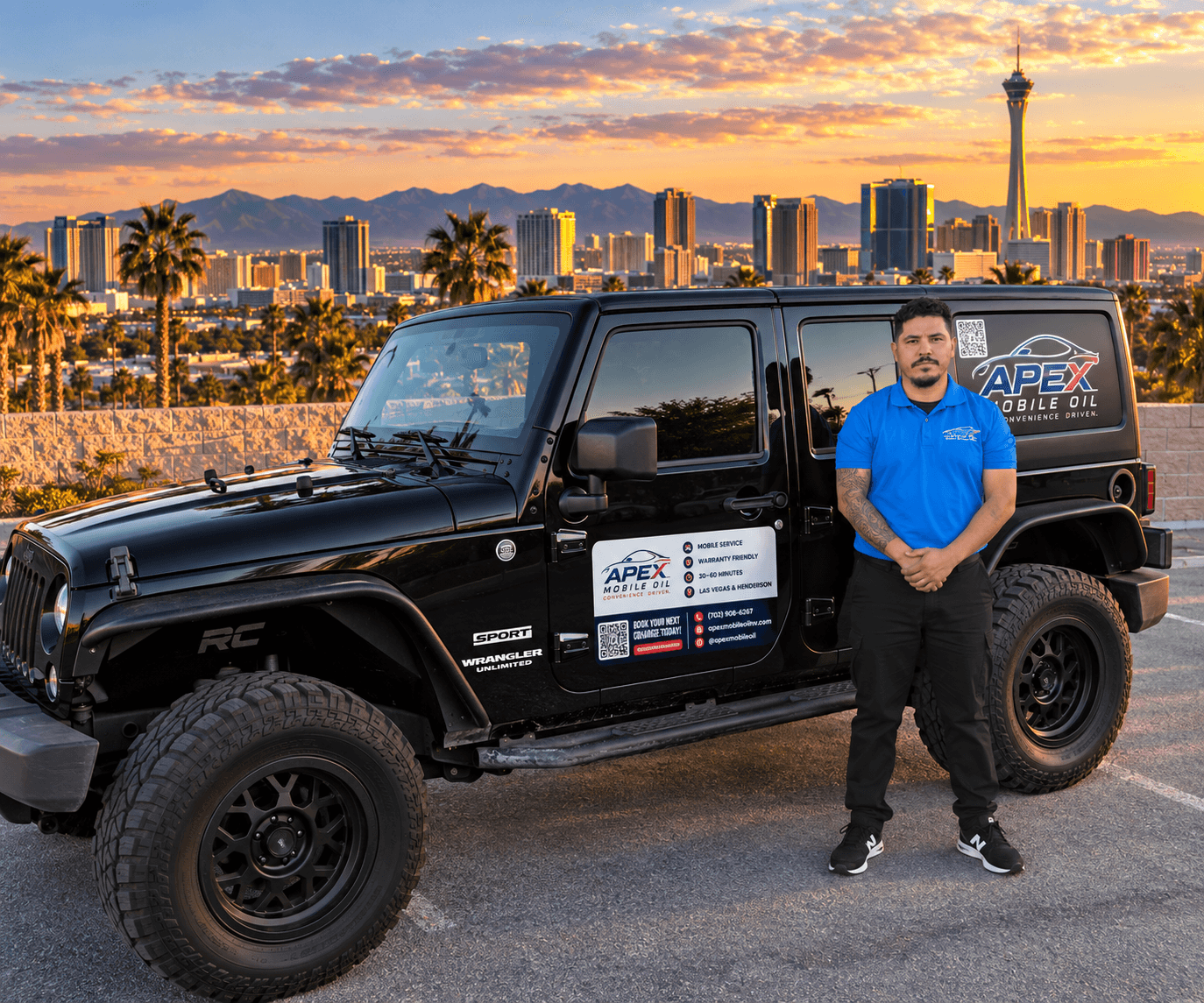 Apex Mobile Oil technician with the branded Apex service Jeep